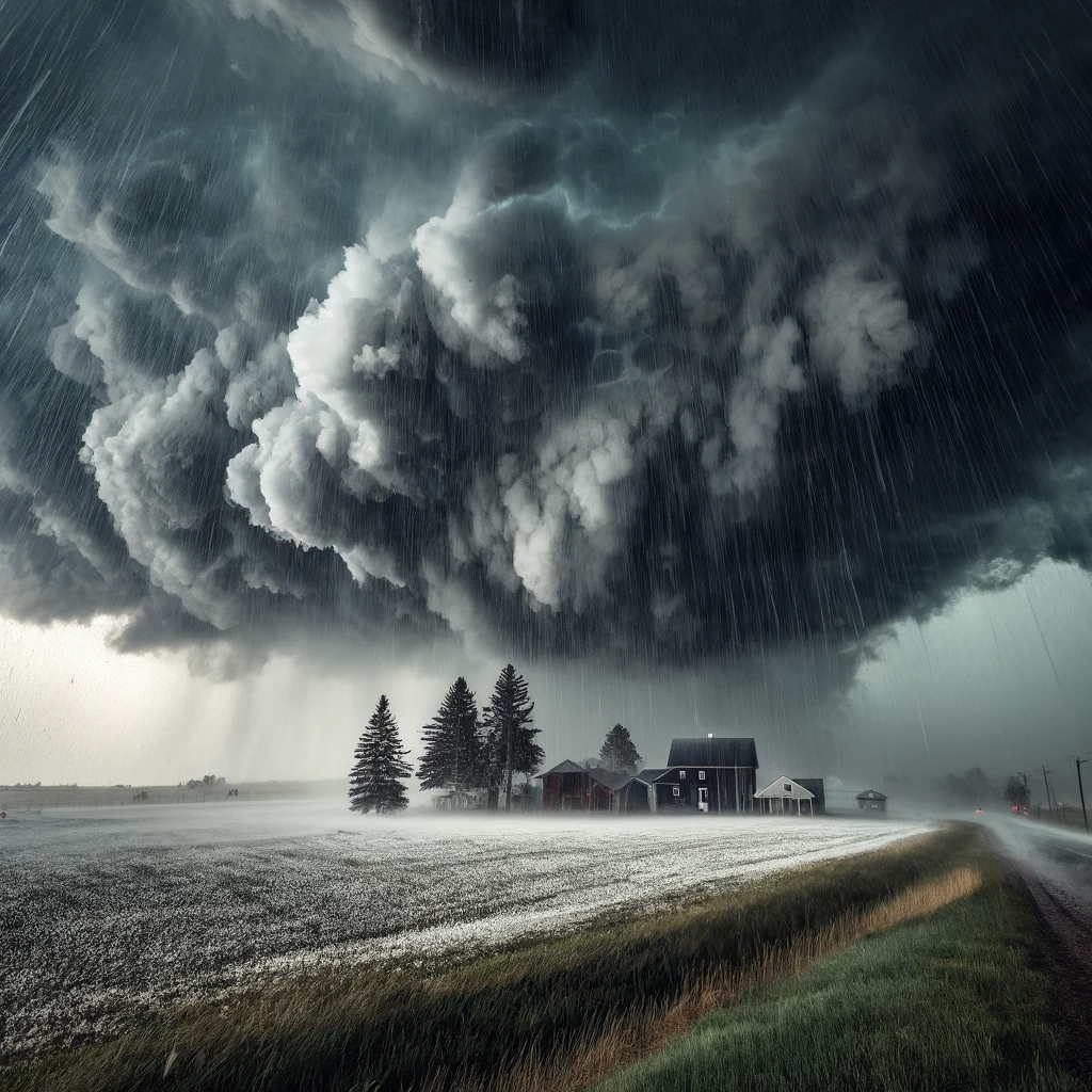 DALL·E 2024-05-22 15.46.36 - A dramatic Canadian hailstorm with dark, ominous clouds covering the sky. Large hailstones are falling heavily onto a rural landscape with fields and