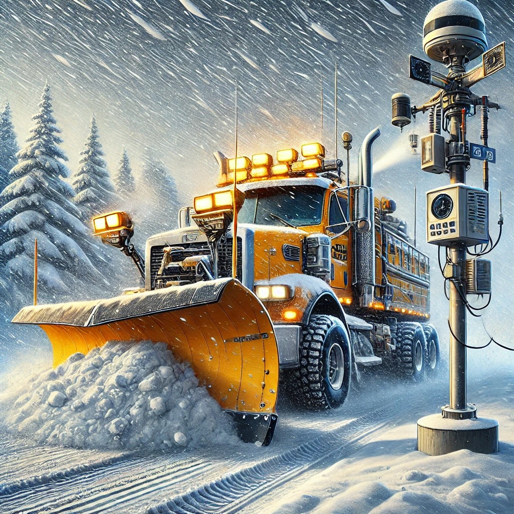 A snow plow next to a road weather information system